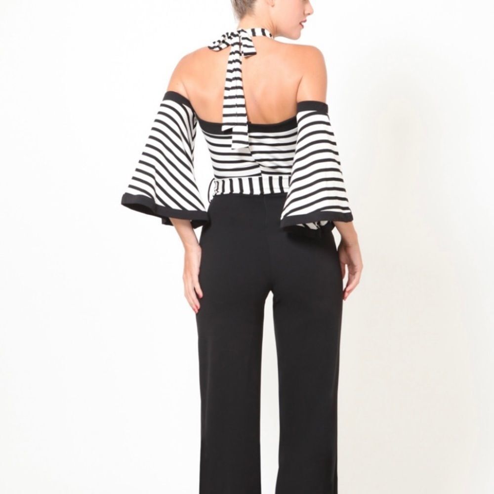 Black & White Part Striped Halter Jumpsuit - Picture 3 of 6